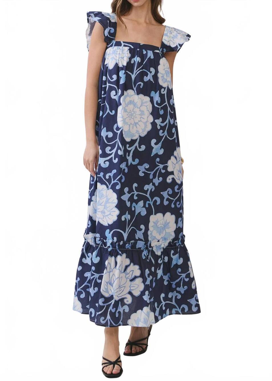 NEW TCEC millie floral print ruffle sleeve maxi dress in navy